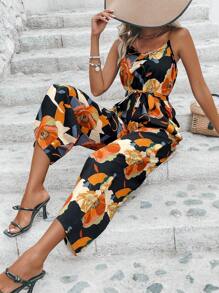 SHEIN VCAY Mono de tirantes con estampado floral con cinturón - Multicolor - Ver 3