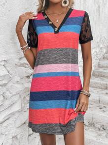 SHEIN LUNE 撞色蕾絲拼接T恤洋裝 - 彩色 - 查看 5