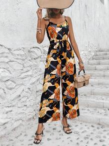 SHEIN VCAY Mono de tirantes con estampado floral con cinturón - Multicolor - Ver 1