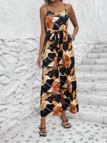 SHEIN VCAY Mono de tirantes con estampado floral con cinturón - Multicolor - Ver 5
