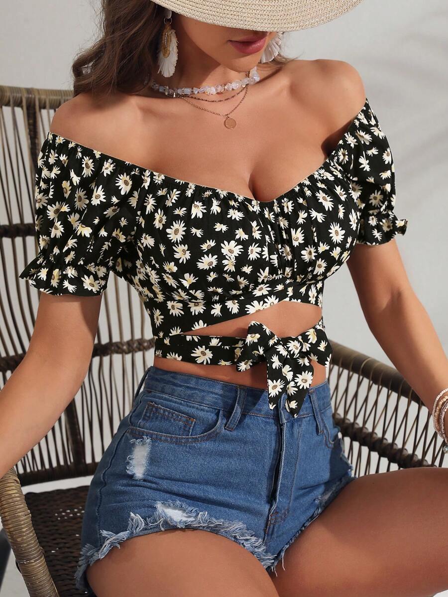 Soleia Áo sơ mi nữ Trọn gói Thắt nơ trước Nếp gấp Phần Ngực Hoa Tất cả trên in Boho - Nhiều màu - Xem 1