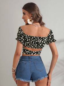 Soleia Áo sơ mi nữ Trọn gói Thắt nơ trước Nếp gấp Phần Ngực Hoa Tất cả trên in Boho - Nhiều màu - Xem 2