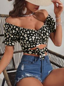 Soleia Áo sơ mi nữ Trọn gói Thắt nơ trước Nếp gấp Phần Ngực Hoa Tất cả trên in Boho - Nhiều màu - Xem 4