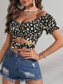 Soleia Áo sơ mi nữ Trọn gói Thắt nơ trước Nếp gấp Phần Ngực Hoa Tất cả trên in Boho - Nhiều màu - Xem 5