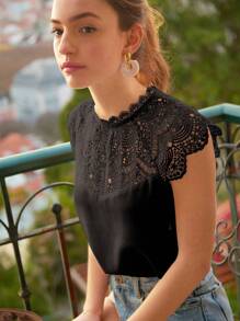 SHEIN Frenchy Guipure Lace Panel Cap Sleeve Blouse Summer Elegant Black - Black - View 4