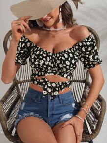 Soleia Áo sơ mi nữ Trọn gói Thắt nơ trước Nếp gấp Phần Ngực Hoa Tất cả trên in Boho - Nhiều màu - Xem 6