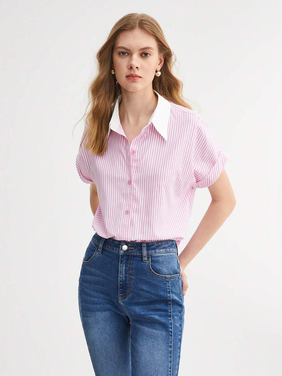 BizChic 棉條紋印花蝙蝠袖襯衫工作服