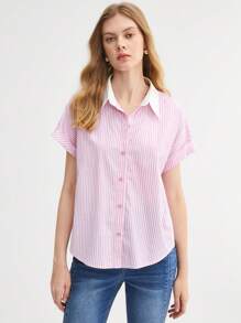 BizChic 棉條紋印花蝙蝠袖襯衫工作服