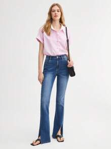 BizChic 棉條紋印花蝙蝠袖襯衫工作服