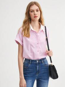 BizChic 棉條紋印花蝙蝠袖襯衫工作服