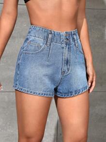 SHEIN ICON 高腰牛仔短褲 - 藍色 - 查看 5