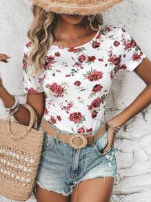 SHEIN LUNE Floral Print Tee Summer Outfits For Women Going Out Tops Spring Clothes