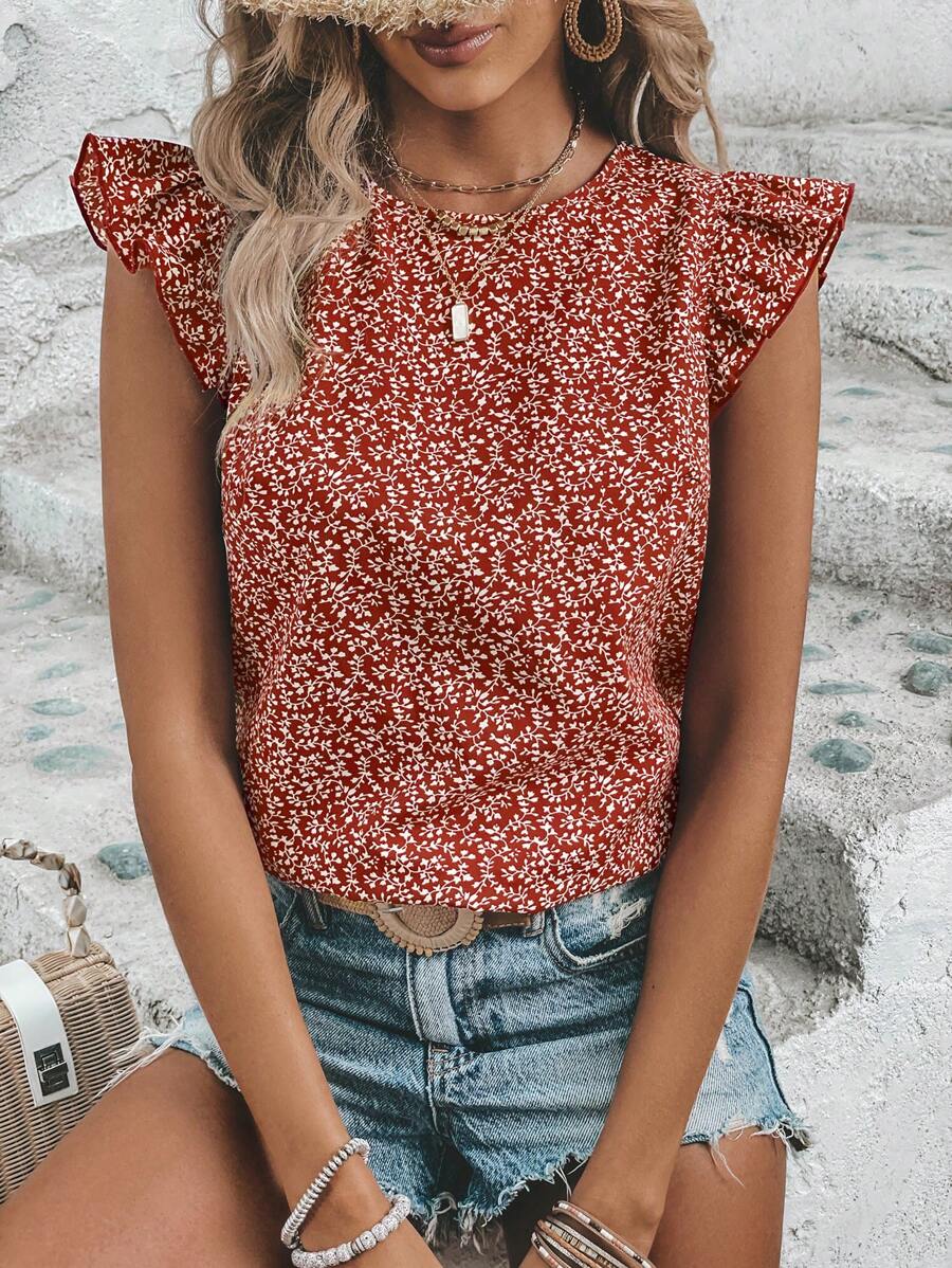 SHEIN LUNE 滿版植物印花荷葉邊襯衫 - 紅白色 - 查看 1