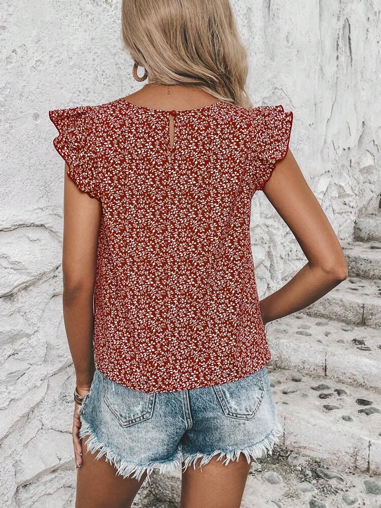 Allover Plants Print Ruffle Trim Blouse
