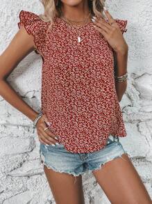 SHEIN LUNE 滿版植物印花荷葉邊襯衫 - 紅白色 - 查看 3