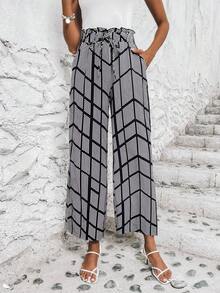 SHEIN LUNE Polka Dot Print Paperbag Waist Wide Leg Trousers - Black and White - View 5