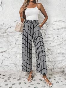 SHEIN LUNE Polka Dot Print Paperbag Waist Wide Leg Trousers - Black and White - View 3