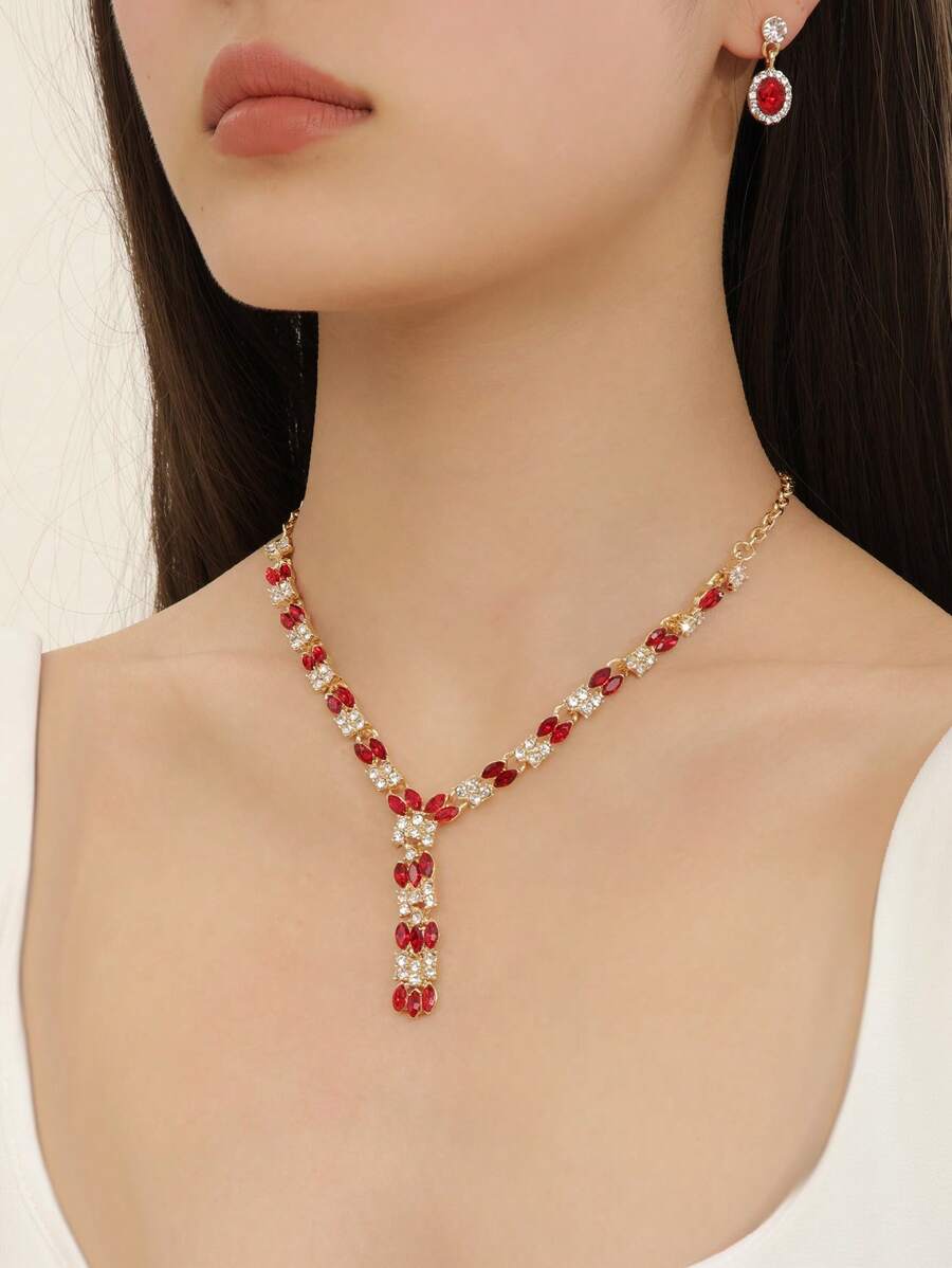 3 cái/bộ Đỏ Rhinestone Đính Hạt Món Quà Trang Sức Dự Tiệc Cho Phụ Nữ, Bao Gồm Bông Tai Giọt Và Vòng Cổ Y Lariat - Nhiều màu - Xem 1