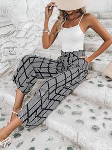 SHEIN LUNE Polka Dot Print Paperbag Waist Wide Leg Trousers - Black and White - View 4