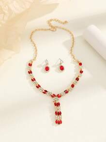 3 cái/bộ Đỏ Rhinestone Đính Hạt Món Quà Trang Sức Dự Tiệc Cho Phụ Nữ, Bao Gồm Bông Tai Giọt Và Vòng Cổ Y Lariat - Nhiều màu - Xem 3