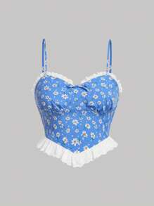 SHEIN MOD Áo hai dây Plus Size Bất đối xứng viền lá sen Viên lá sen Dải chun Tranh thêu Nơ trước Khối Màu Họa tiết hoa Boho - Nhiều màu - Xem 1