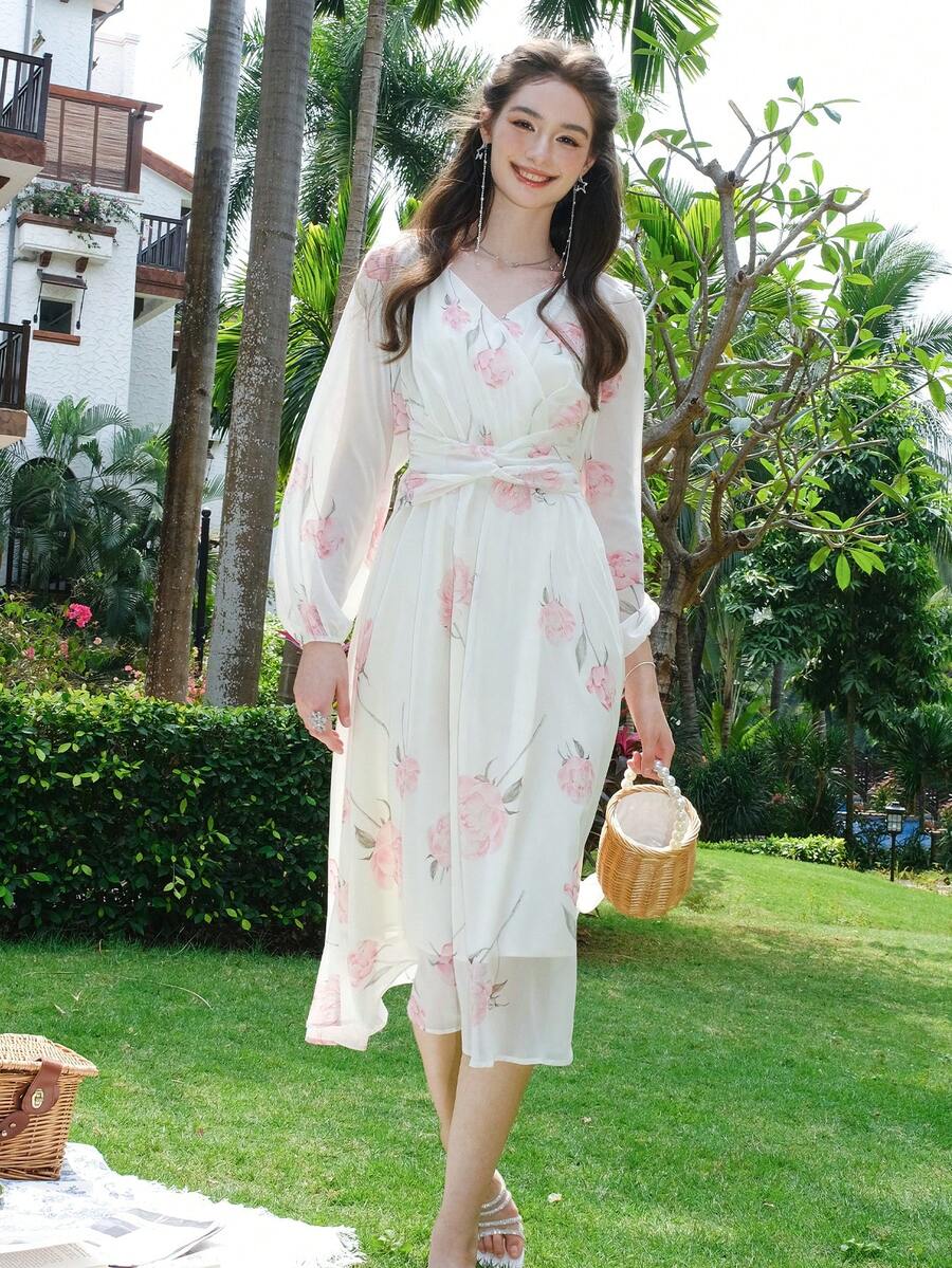 Floral Print Lantern Sleeve Dress - White - View 1