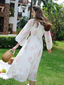 Floral Print Lantern Sleeve Dress - White - View 2