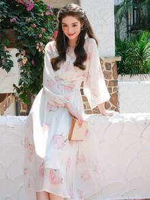 Floral Print Lantern Sleeve Dress - White - View 3