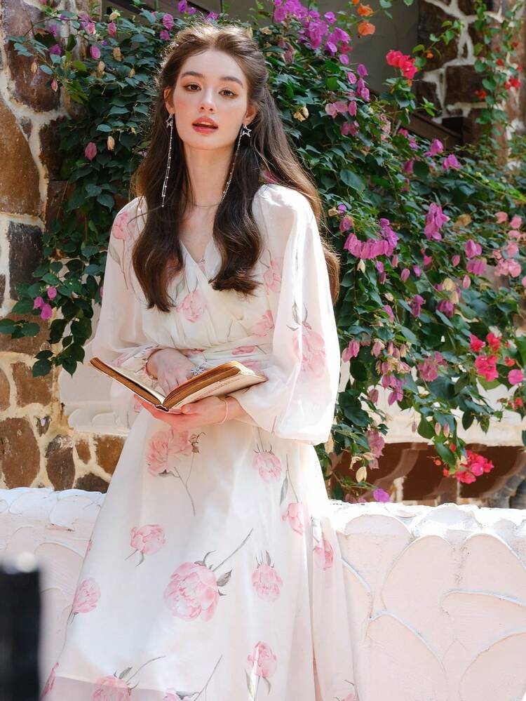 Floral Print Lantern Sleeve Dress - White - View 5