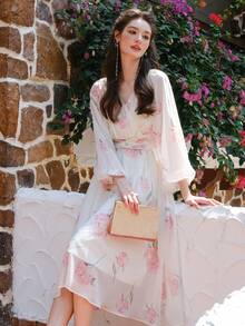 Floral Print Lantern Sleeve Dress - White - View 6