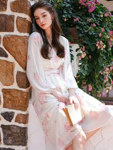 Floral Print Lantern Sleeve Dress - White - View 7