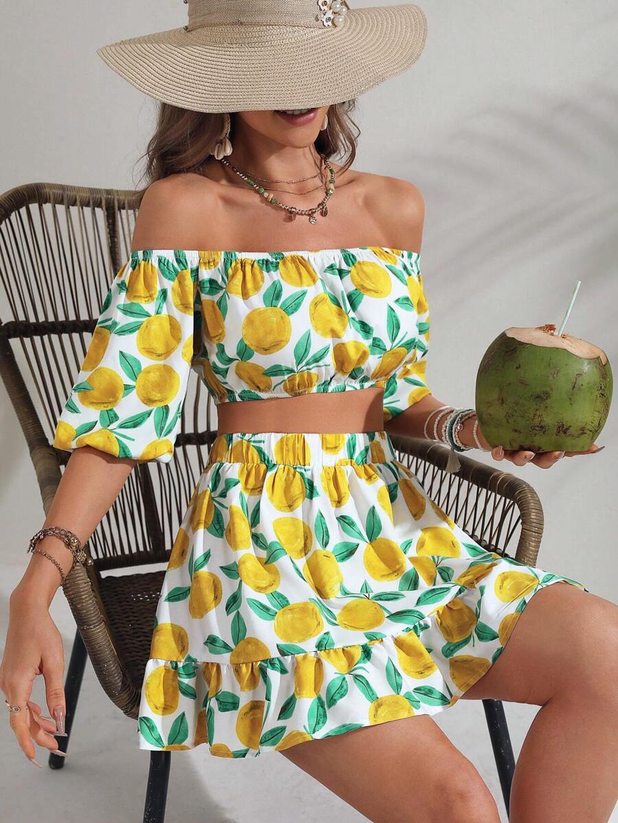 Soleia Lemon Print Off Shoulder Crop Top & Ruffle Hem Skirt