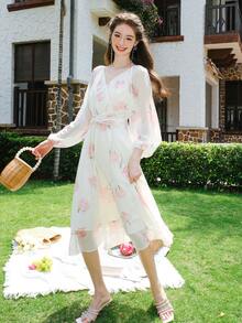 Floral Print Lantern Sleeve Dress - White - View 8