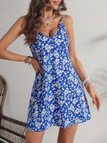 Soleia Đầm Lộ Lưng Hoa Tất cả trên in Boho - Xanh và trắng - Xem 1