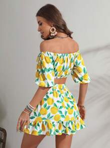 Soleia Lemon Print Off Shoulder Crop Top & Ruffle Hem Skirt