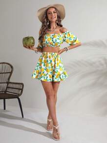 Soleia Lemon Print Off Shoulder Crop Top & Ruffle Hem Skirt
