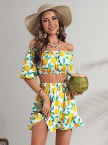 Soleia Lemon Print Off Shoulder Crop Top & Ruffle Hem Skirt
