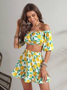Soleia Lemon Print Off Shoulder Crop Top & Ruffle Hem Skirt