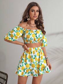 Soleia Lemon Print Off Shoulder Crop Top & Ruffle Hem Skirt