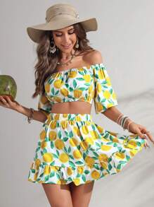 Soleia Lemon Print Off Shoulder Crop Top & Ruffle Hem Skirt