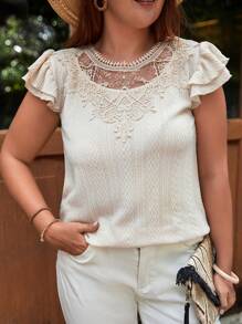 SHEIN LUNE Plus Contrast Lace Butterfly Sleeve Tee - Beige - View 1