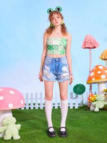 ROMWE Kawaii Áo nữ Hoạt hình Chắp vá Boho - màu xanh lá - Xem 4