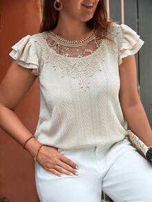 SHEIN LUNE Plus Contrast Lace Butterfly Sleeve Tee - Beige - View 3