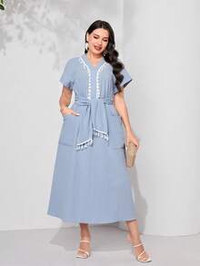 Mulvari Đầm Plus Size mép Túi Dây kéo Thắt nơ trước màu trơn Giải trí - Màu xanh nhạt - Xem 2