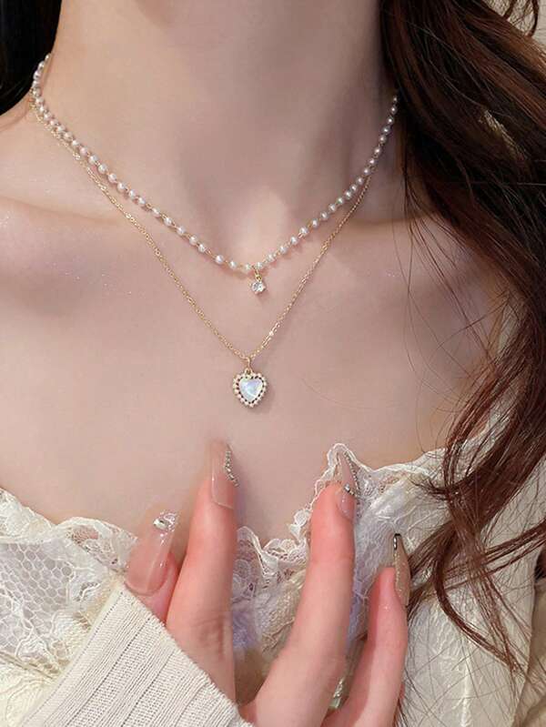 CVNANA 1pc Fashion Zinc Alloy Cat Eye Stone Shaped Heart Layered Pendant Necklace For Women For Birthday Gift