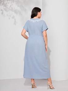 Mulvari Đầm Plus Size mép Túi Dây kéo Thắt nơ trước màu trơn Giải trí - Màu xanh nhạt - Xem 3