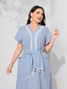 Mulvari Đầm Plus Size mép Túi Dây kéo Thắt nơ trước màu trơn Giải trí - Màu xanh nhạt - Xem 4