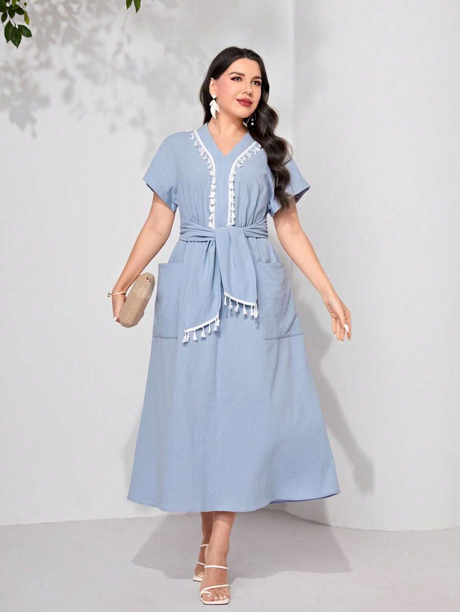 Mulvari Đầm Plus Size mép Túi Dây kéo Thắt nơ trước màu trơn Giải trí - Màu xanh nhạt - Xem 1