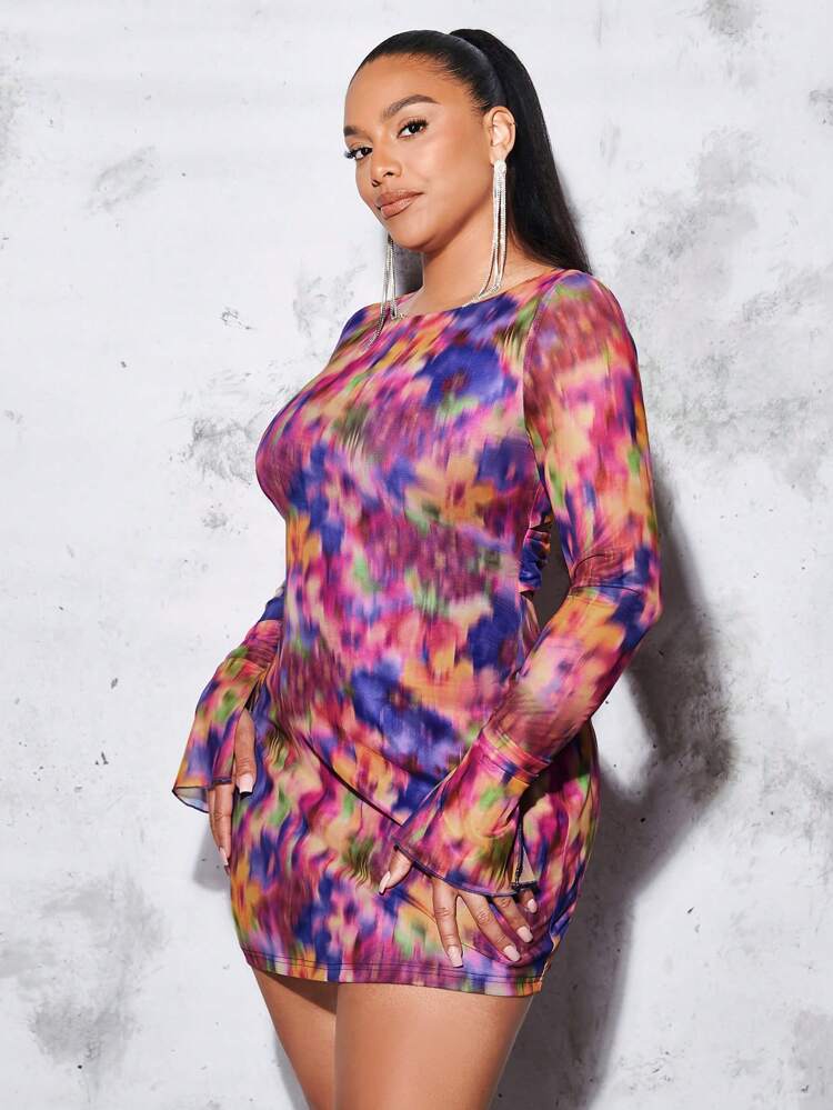 Plus Tie Dye Flounce Sleeve Mesh Dress