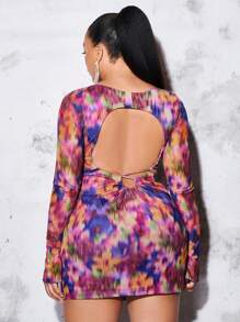 SHEIN BAE Plus Tie Dye Flounce Sleeve Mesh Dress